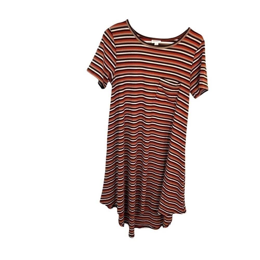 LuLaRoe Womens Size XS Carly Dress Ribbed Orange Brown Tan White Stripes Stretch